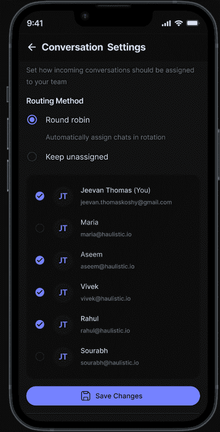 Team inbox routing settings on mobile